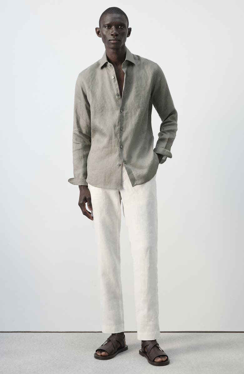 MANGO Slim Fit Linen Button-Up Shirt, Alternate, color, Medium Brown