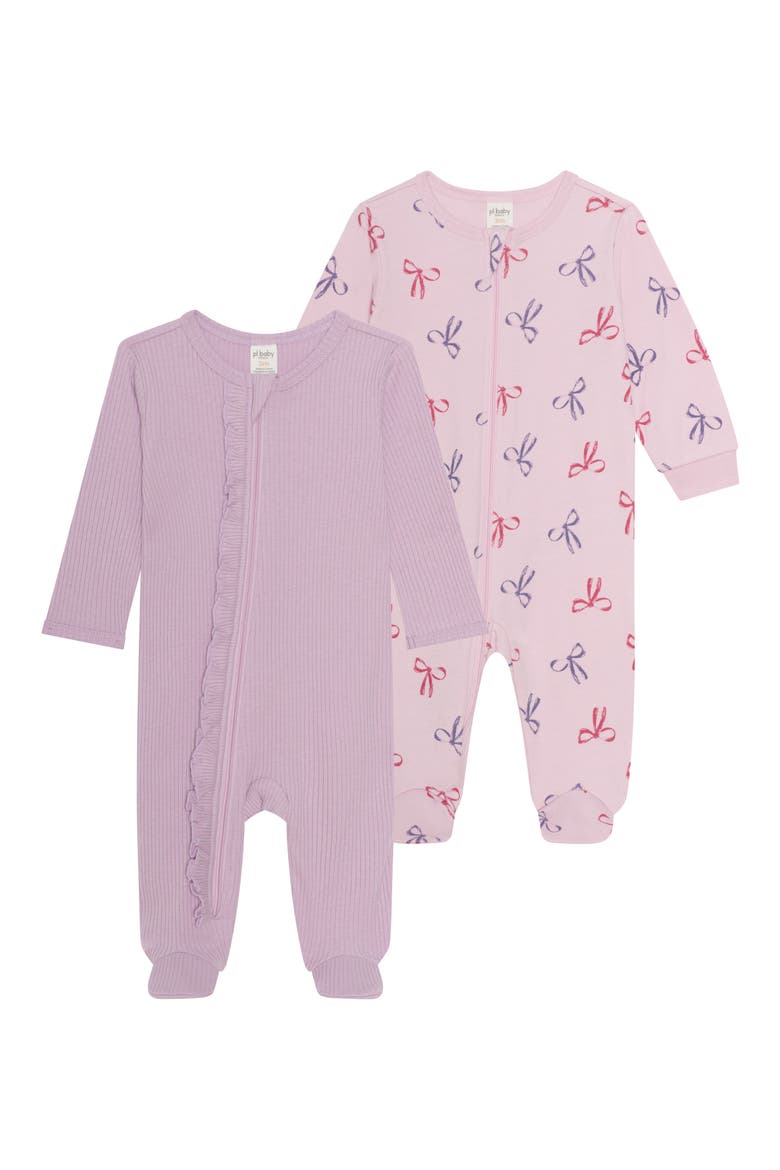 2-Pack Assorted Ribbed Knit Footies, Main, color, LIGHT PURPLE BOWS