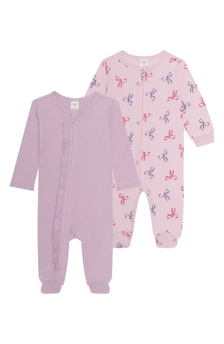 PL Baby by Petit Lem 2-Pack Assorted Ribbed Knit Footies, Main, color, Light Purple Bows