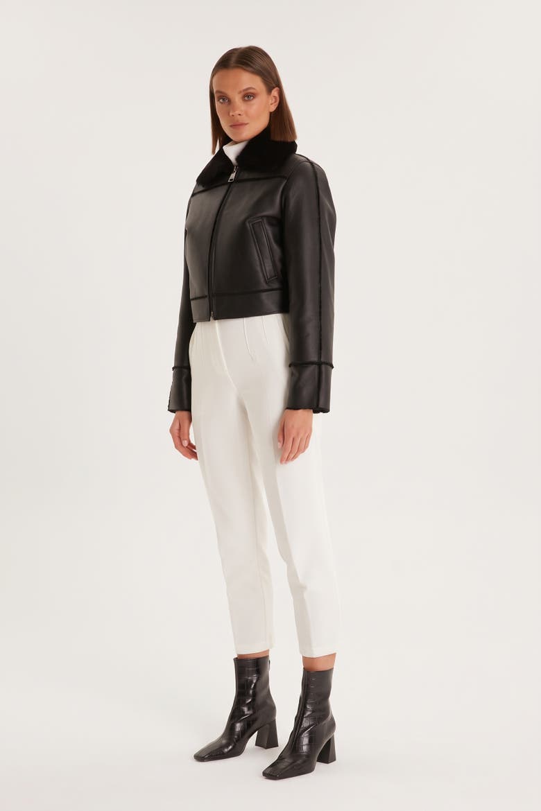 Clara Cropped Leather Shearling Jacket, Alternate, color, Black