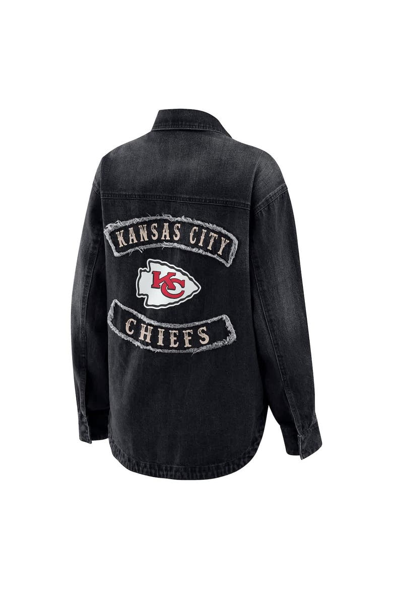 Women's WEAR by Erin Andrews Black Kansas City Chiefs Washed Oversized Denim Full-Snap Shacket, Alternate, color, Black