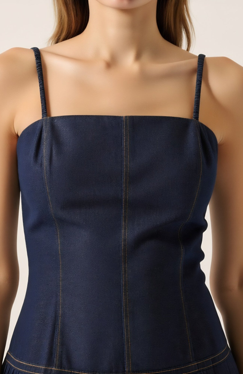 Modenaire Denim Mini Dress With Spaghetti Straps And Pleated Skirt In Blue