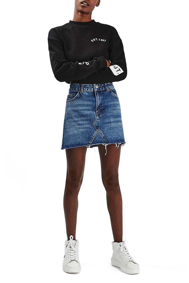 Topship Denim A-Line Miniskirt, Alternate, color, MID DENIM