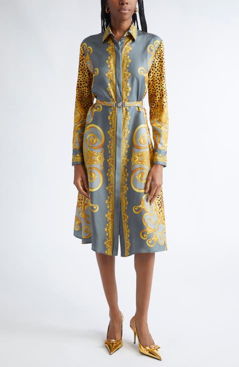 Cheetah Barocco Print Long Sleeve Silk Belted Shirtdress