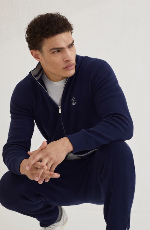 Brunello Cucinelli Zip-front Embroidered-logo Cardigan In Blue