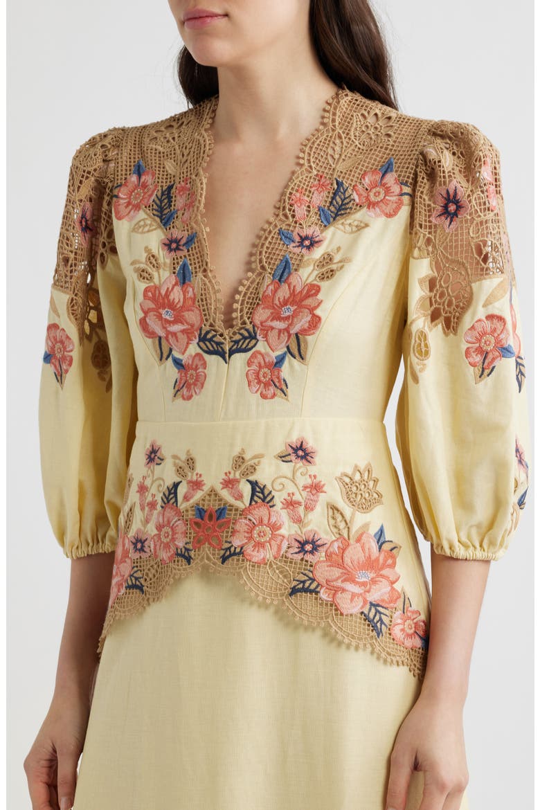 Embroidered Lace Linen Blend Midi Dress, Alternate, color, SAND