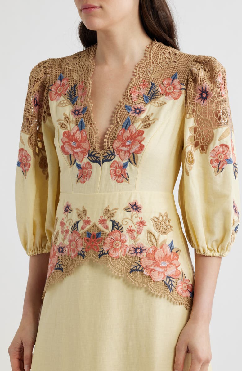 FARM Rio Embroidered Lace Linen Blend Midi Dress, Alternate, color, Sand