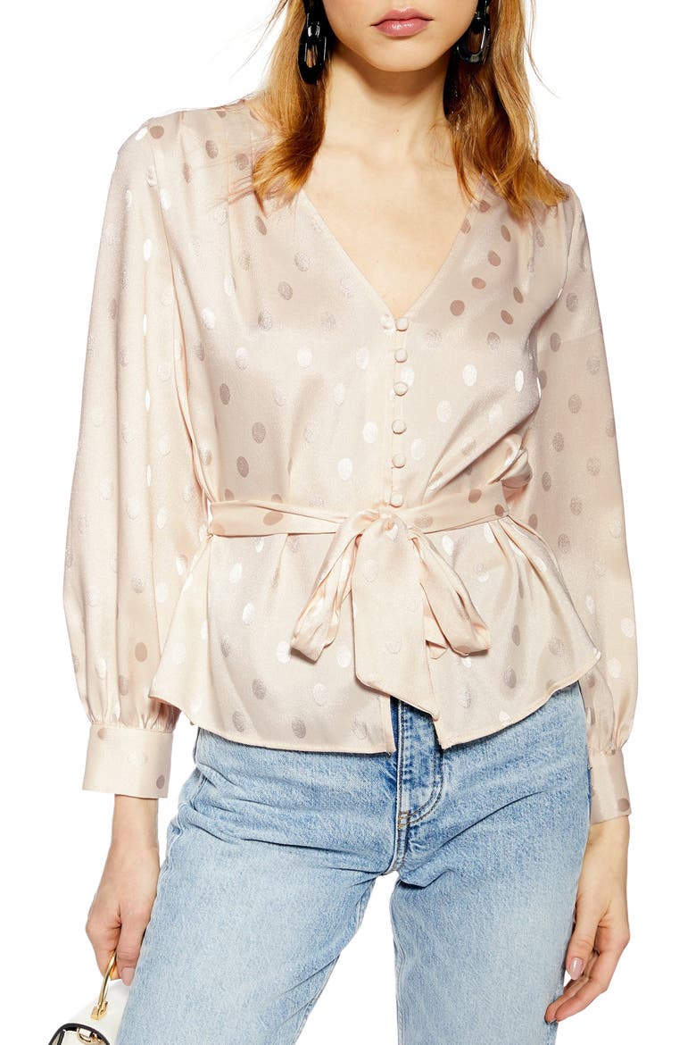 Spot Jacquard Belted Top, Main, color, IVORY