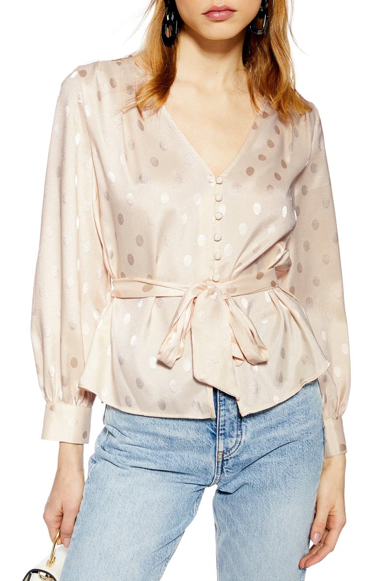Topshop Spot Jacquard Belted Top, Main, color,