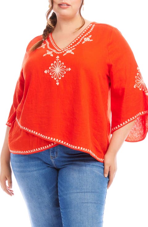 Embroidered Crossover Linen Blend Top (Plus)