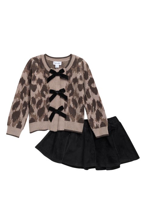 Kids' Leopard Bow Cardigan & Skirt Set