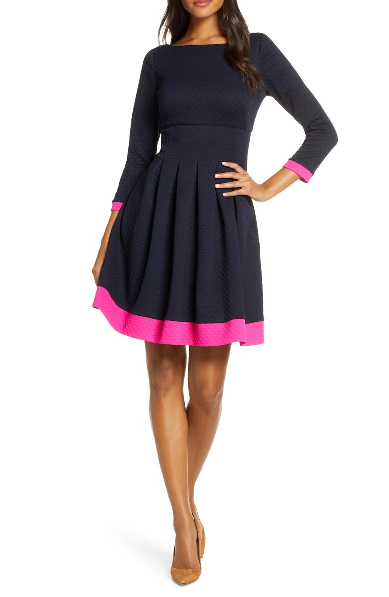 Eliza J Dot Textured Fit & Flare Dress, Main, color, 