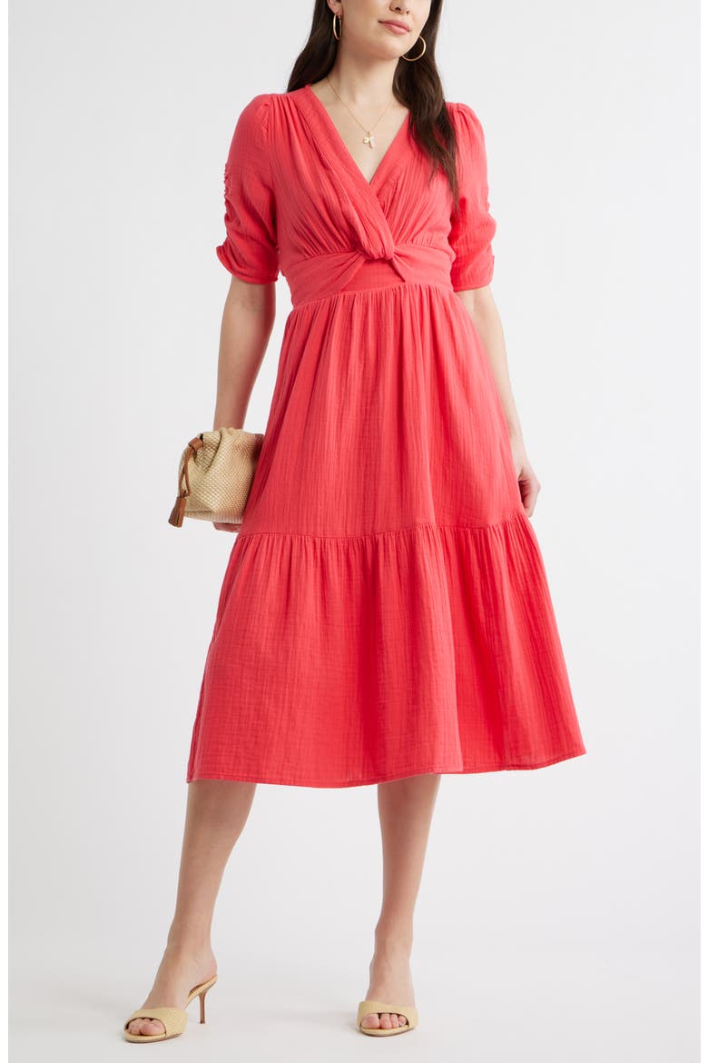 Twist Detail Gauze Midi Dress, Main, color, RED GERANIUM