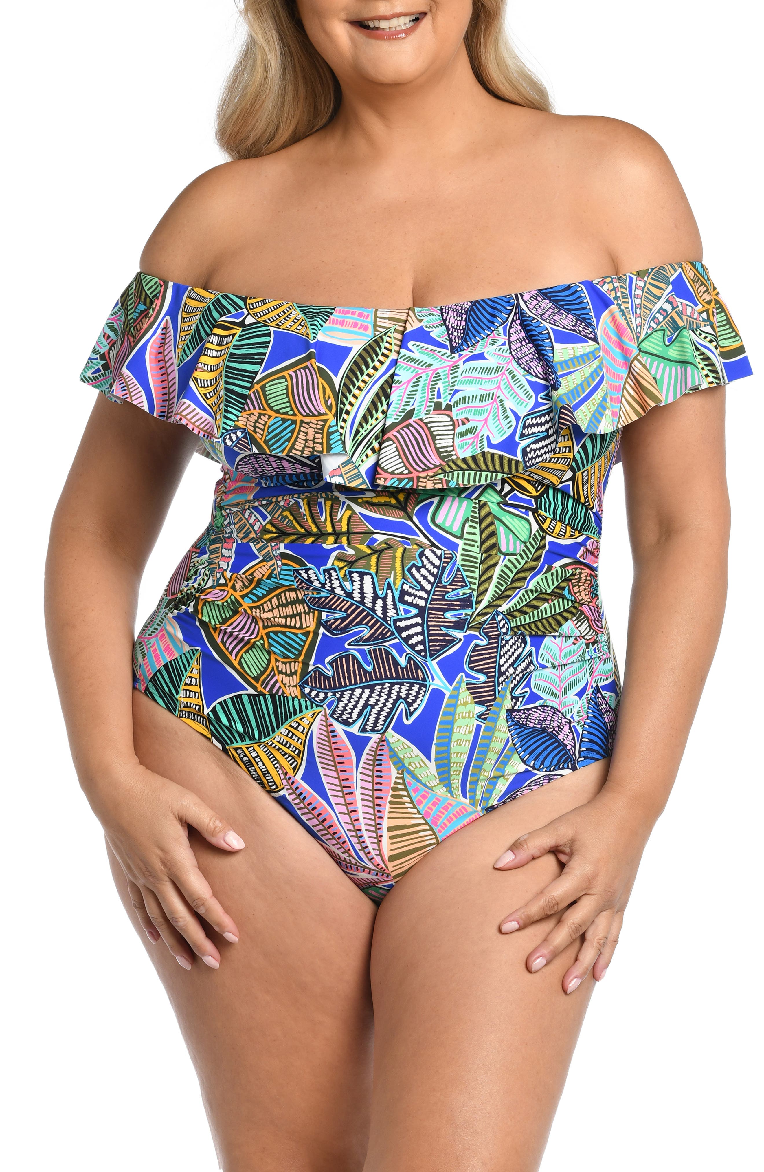 La Blanca Neon Ruffle Off the Shoulder One-Piece Swimsuit
