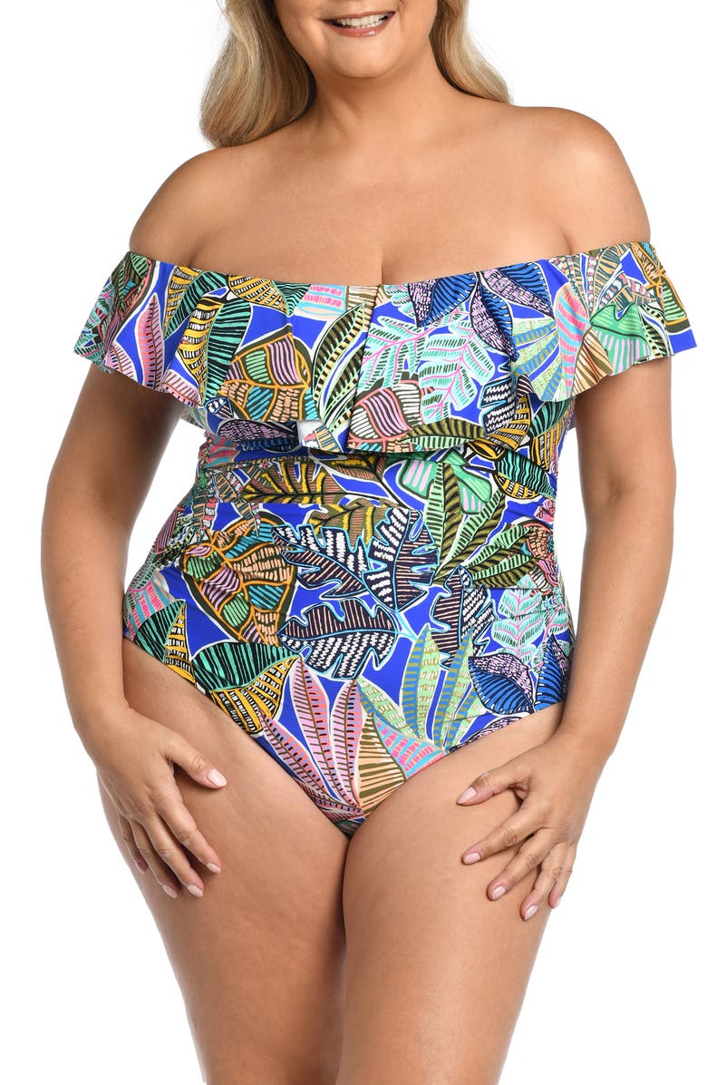 La Blanca Neon Ruffle Off the Shoulder One-Piece Swimsuit, Main, color, Multi