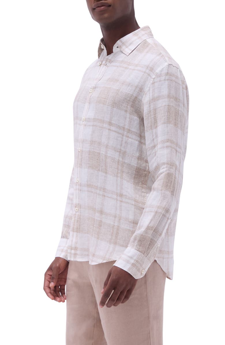 Bugatchi Julian Plaid Slub Linen Button-Up Shirt, Alternate, color, Sand