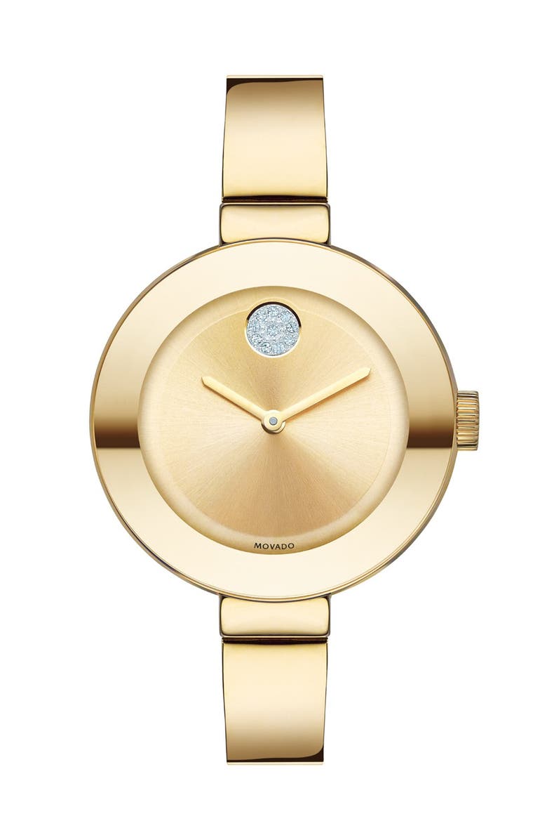 Movado 'Bold' Crystal Accent Bangle Watch, 34mm, Main, color, Gold Dial