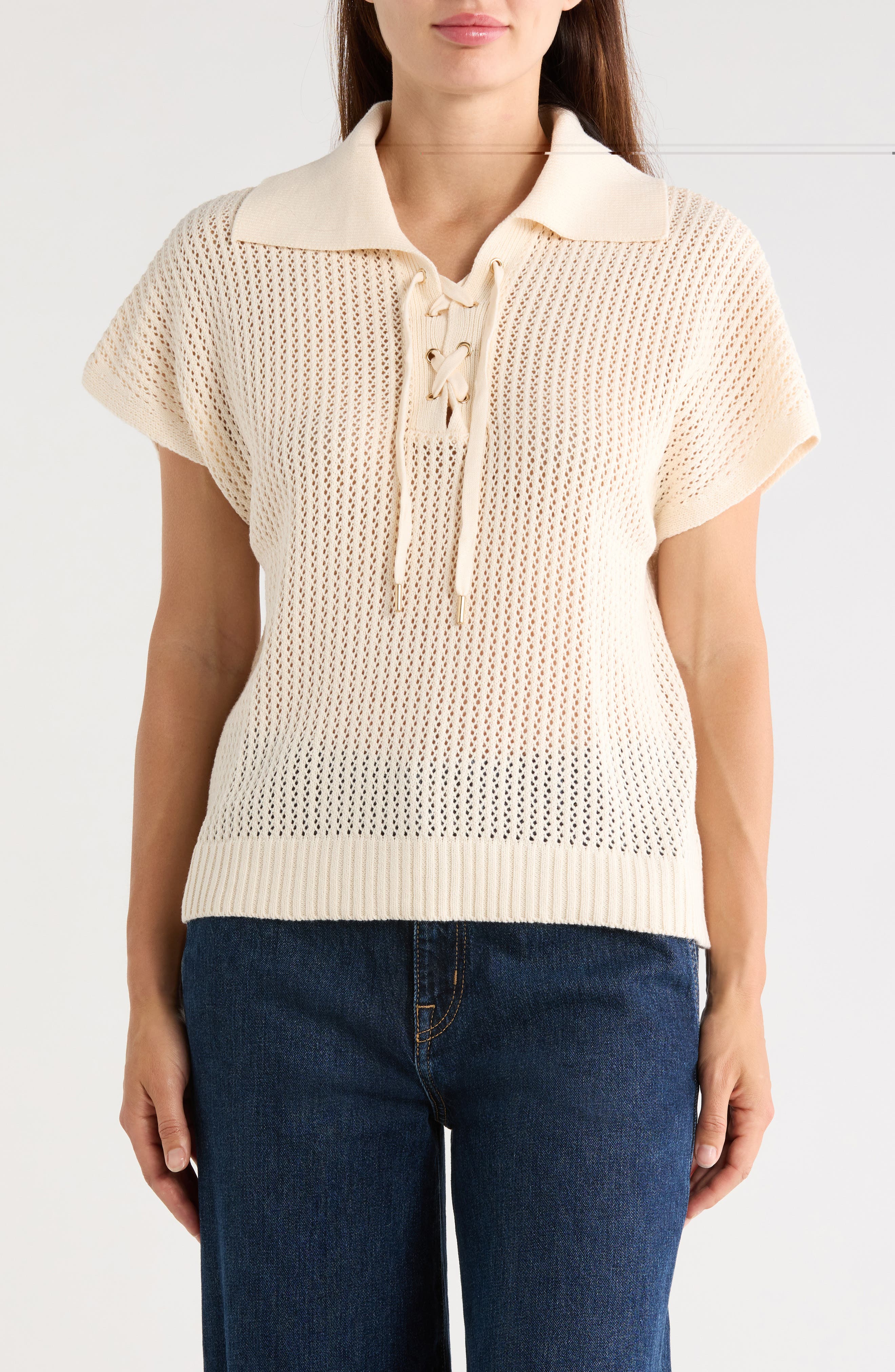 Tie Neck Short Sleeve Open Stitch Sweater