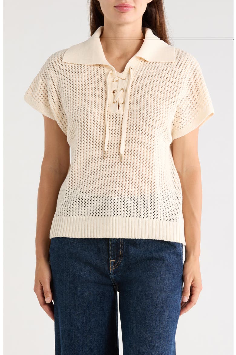 Tie Neck Short Sleeve Open Stitch Sweater, Main, color, CREAM