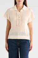 T Tahari Tie Neck Short Sleeve Open Stitch Sweater