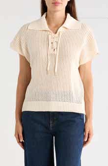 Tie Neck Short Sleeve Open Stitch Sweater
