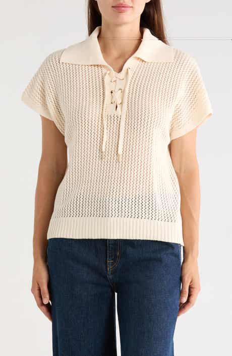 Tie Neck Short Sleeve Open Stitch Sweater