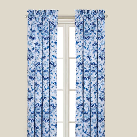 Sasha Blue Water Color Floral Cotton Drapery Single Panel Window Curtain Decor