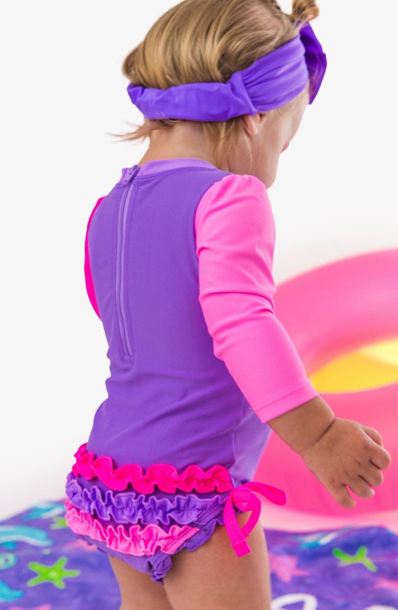RuffleButts Kids' Neon Long Sleeve One-Piece Rashguard Swimsuit, Alternate, color, Purple