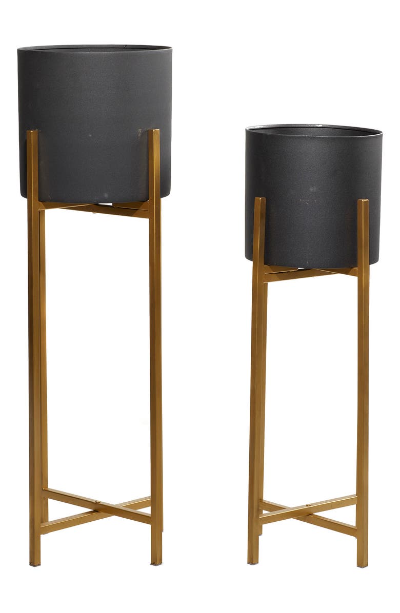 WILLOW ROW Black Metal Indoor & Outdoor Planter with Removable Goldtone Stand - Set of 2, Main, color,