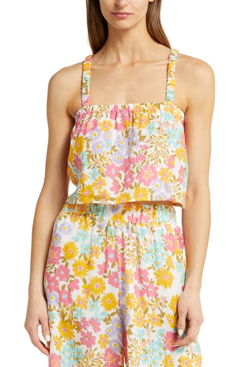 Tallows Floral Linen Cover-Up Crop Top