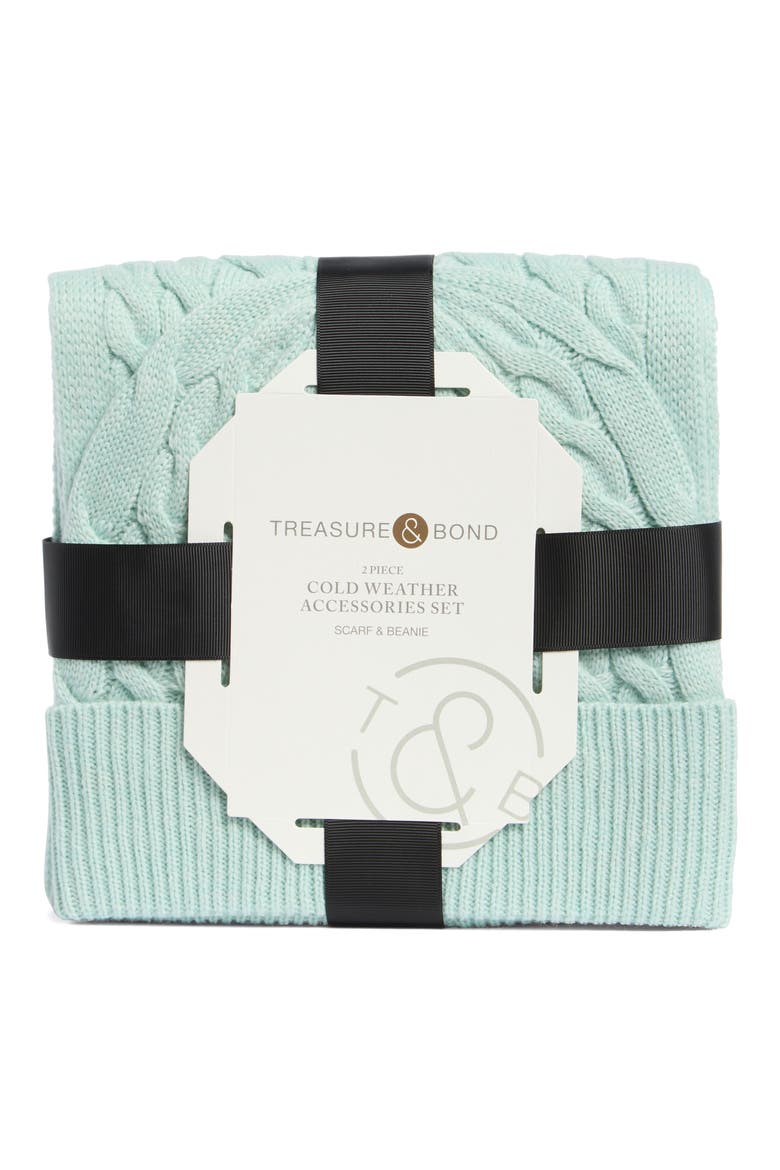 Cable Knit Scarf & Beanie Set, Alternate, color, TEAL SURF
