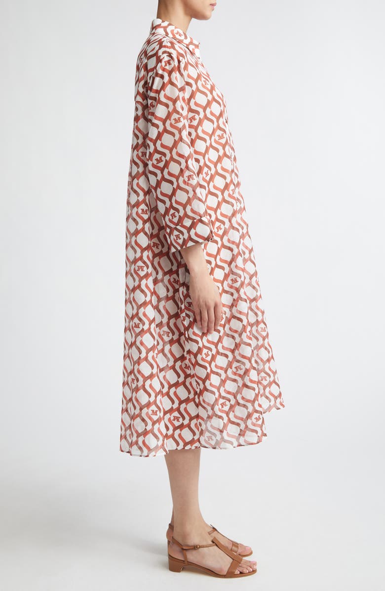 Max Mara Monogram Print Long Sleeve Cotton & Silk Voile Shirtdress, Alternate, color, White