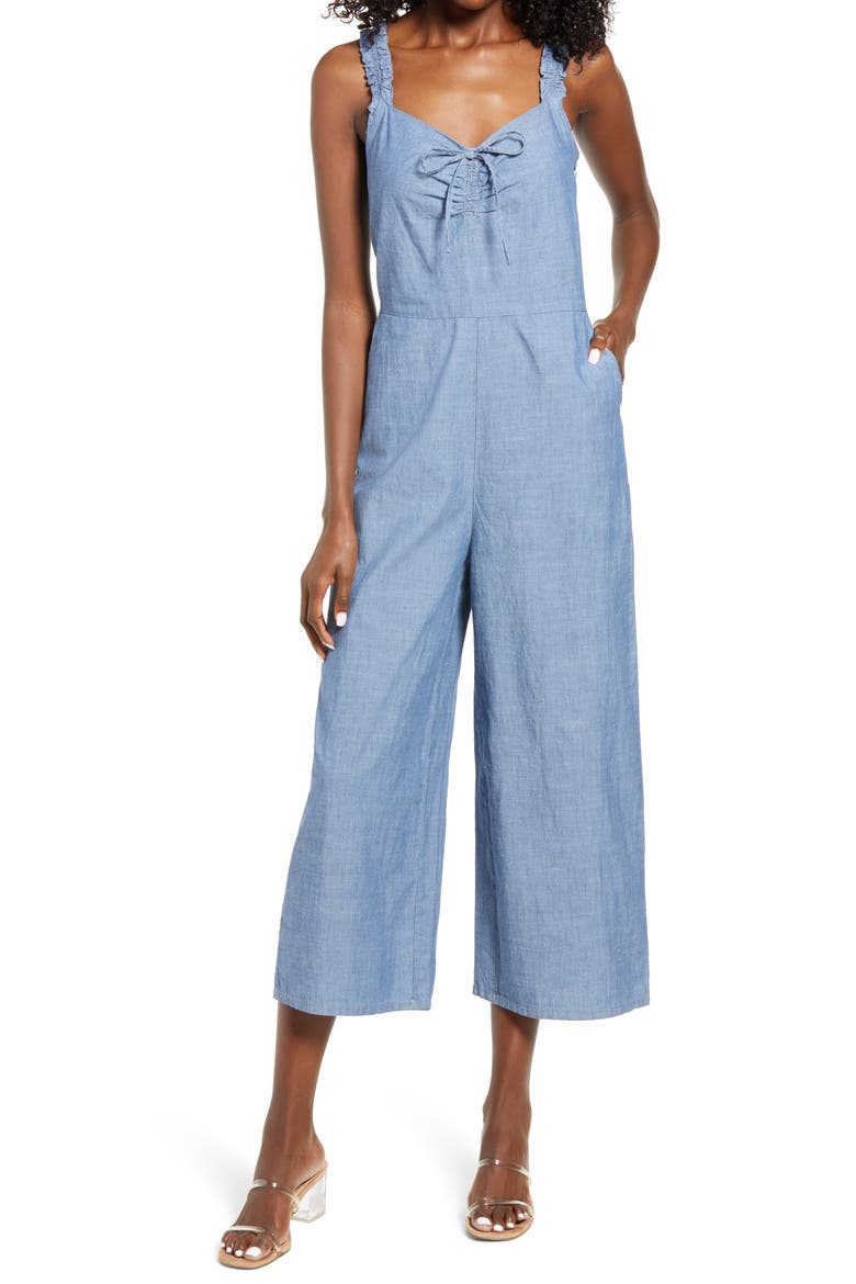 Akela Crop Wide Leg Chambray Jumpsuit, Main, color, MEDIUM BLUE DENIM