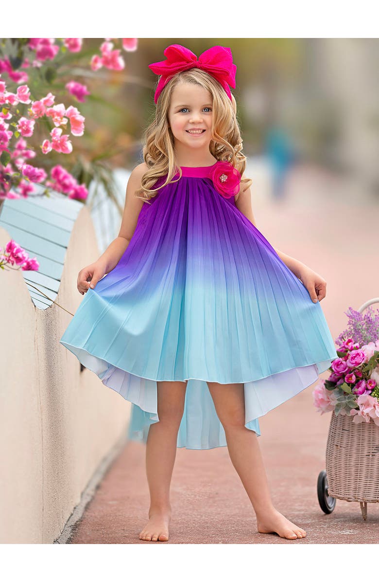 Mia Belle Girls Girls Ocean Sunset Ombre Pleated Hi-Lo Dress, Alternate, color, Fuchsia