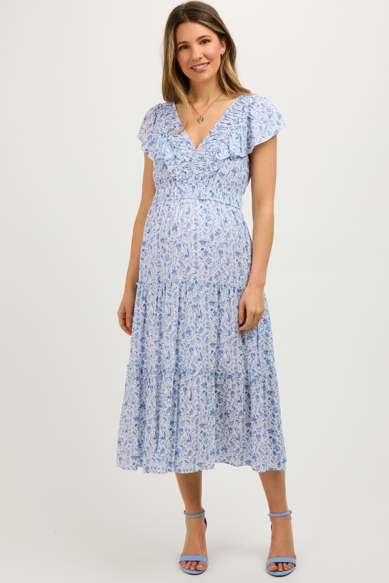 Floral Front Ruched Ruffle Shoulder Tiered Midi Dress, Alternate, color, Blue