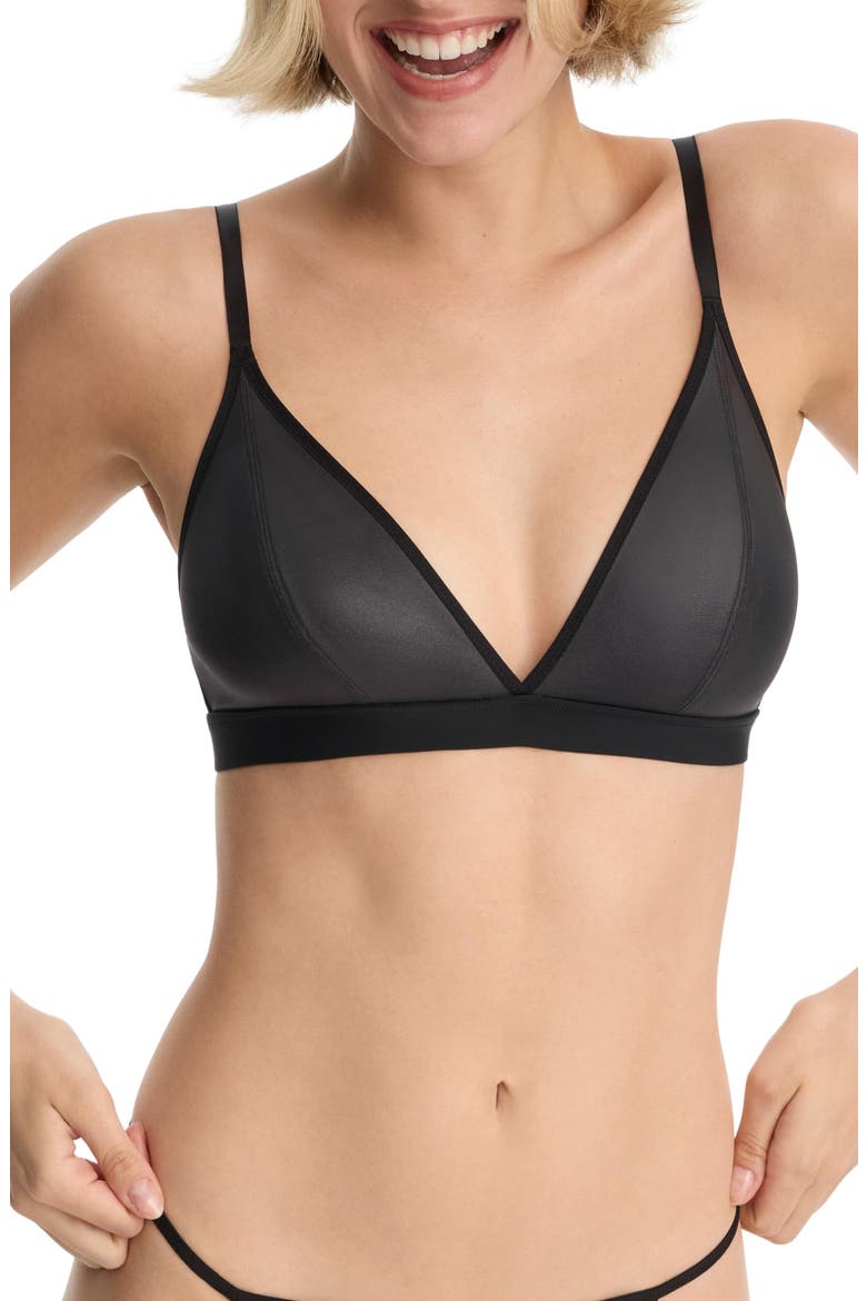 Late Night Faux Leather Triangle Bralette, Alternate, color, Black