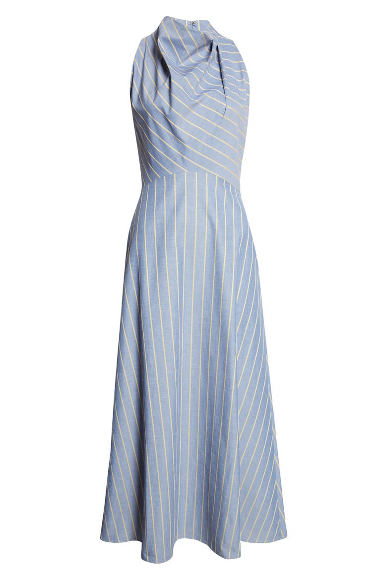Striped Heathered Cotton & Linen Draped Halter Dress, Alternate, color, BLUEBELL