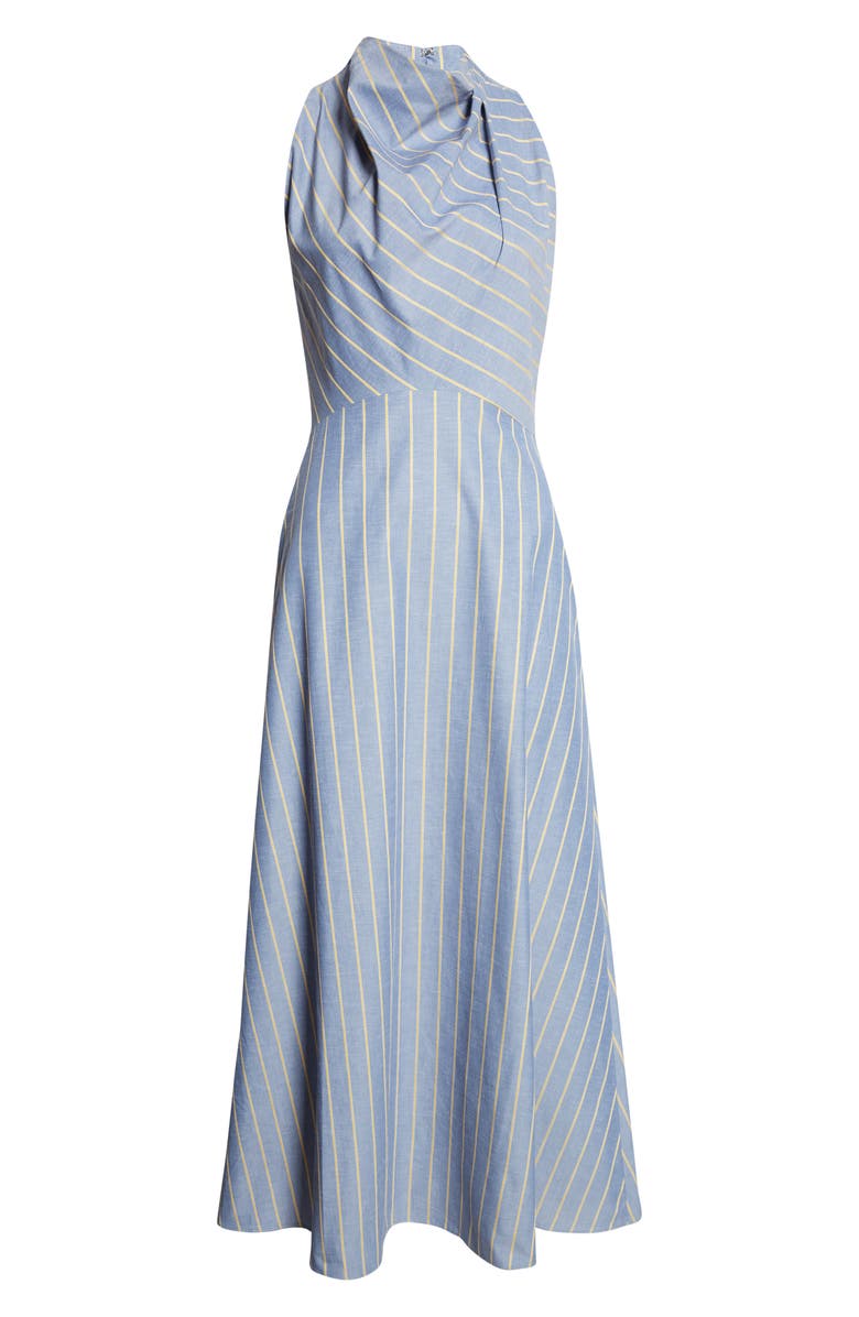 Lela Rose Striped Heathered Cotton & Linen Draped Halter Dress, Alternate, color, Bluebell