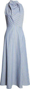 Lela Rose Striped Heathered Cotton & Linen Draped Halter Dress