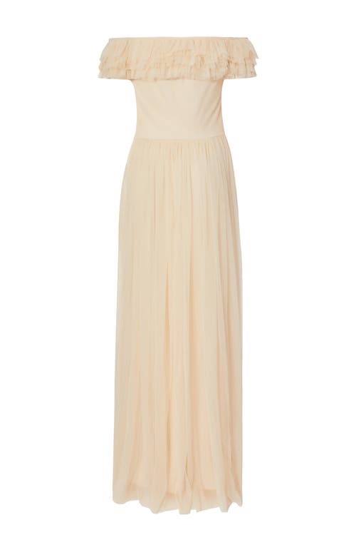 Quiz Mesh Ruffle Bardot Maxi Dress In Cream