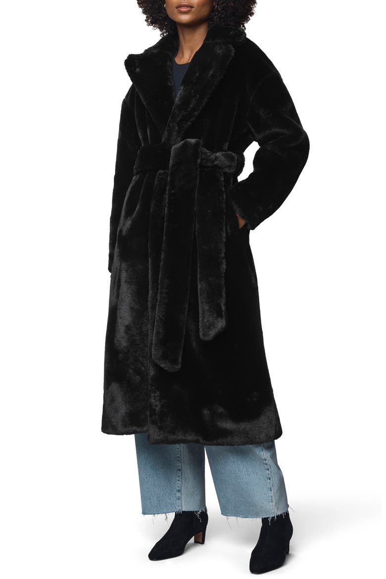 Lucia Tie Waist Faux Fur Coat, Main, color, BLACK
