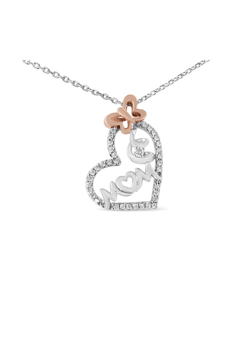 Two Tone .925 Sterling Silver 1/5 cttw Diamond "Mom" and Heart Pendant Necklace, Main, color, White