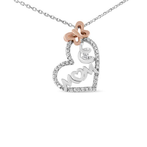 Two Tone .925 Sterling Silver 1/5 cttw Diamond "Mom" and Heart Pendant Necklace