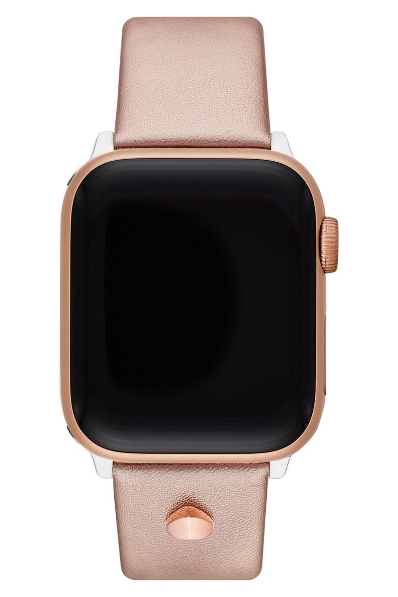 metallic leather 20mm Apple Watch® watchband, Alternate, color, ROSE GOLD
