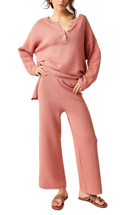 free-est Hailee Waffle Stitch Long Sleeve Top & Wide Leg Pants Knit Set