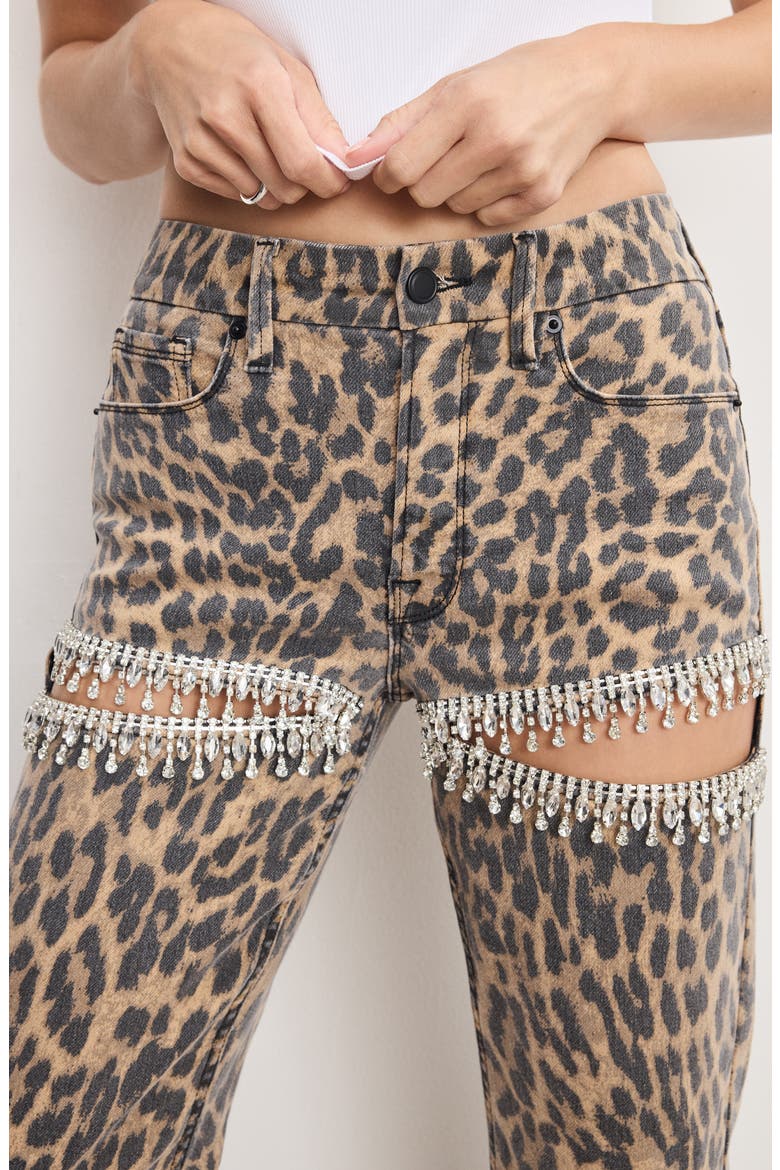 Good Icon Crystal Embellished Cutout Straight Leg Jeans, Alternate, color, LUCKY LEOPARD001
