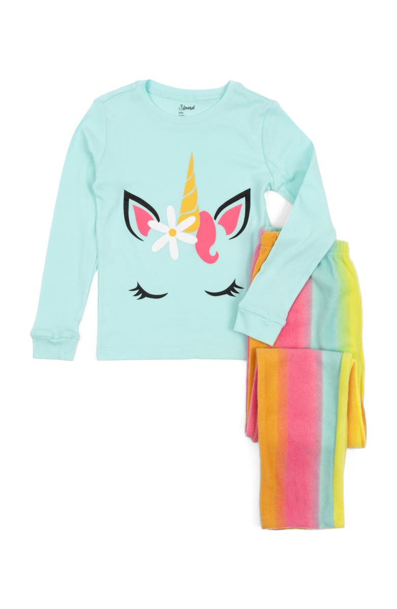 Leveret Kids Cotton Top & Fleece Pants Printed Holiday Pajamas, Main, color, Rainbow