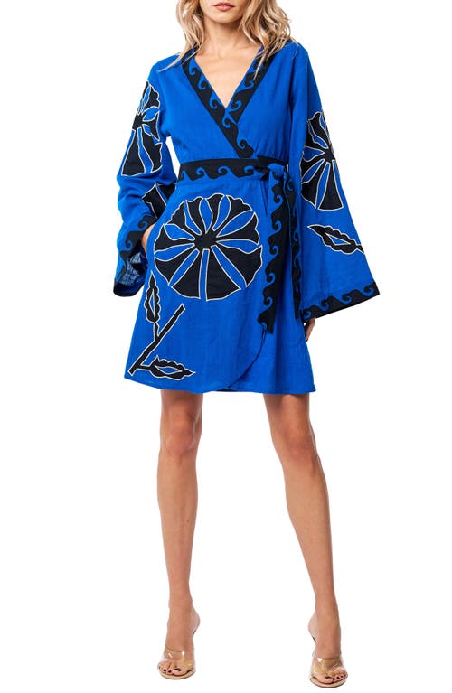 CIEBON Kiera Embroidered Long Sleeve Cotton Wrap Dress in Blue Multi 