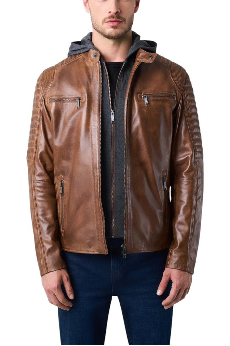 Belmont Leather Jacket With Hood And Chestpiece, Main, color, Honey