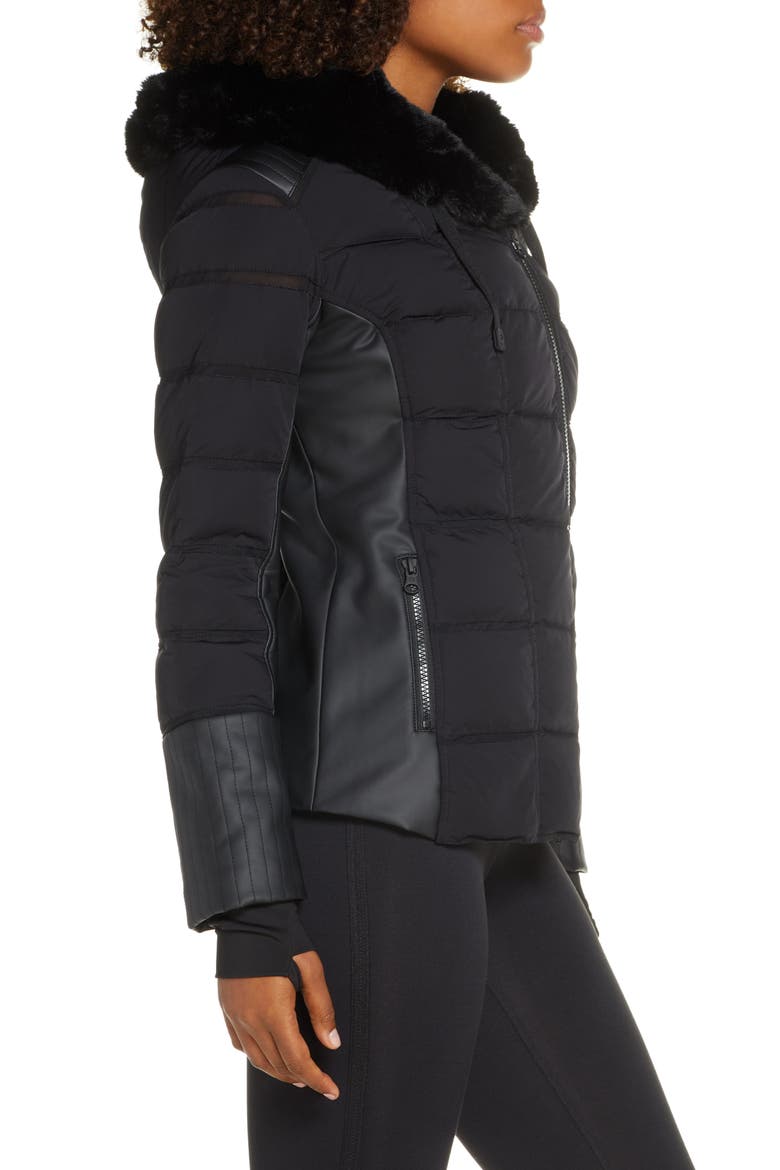 Hooded Moto Puffer Jacket with Faux Fur Trim, Alternate, color, BLACK